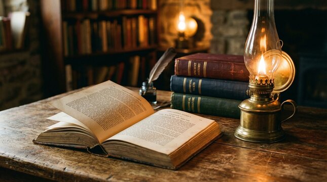 Ramanuja Jayanti: Ancient Hindu scriptures, spiritual texts beside a traditional glowing oil lamp, symbolizing wisdom and devotion