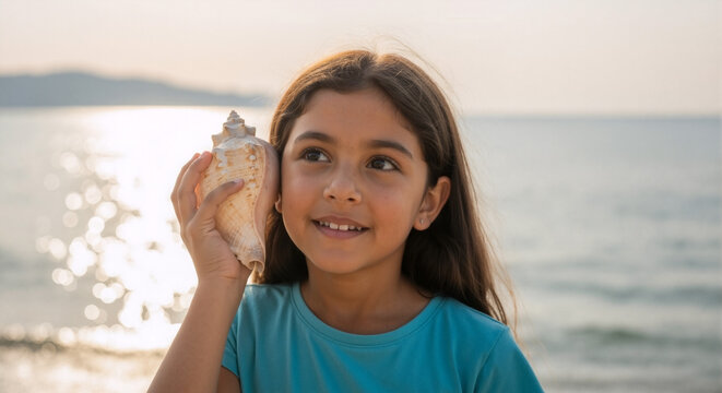 Young girl listening to a large seashell on the beach. Child holding a conch shell to her ear at sunset. Summer vacation and childhood curiosity concept