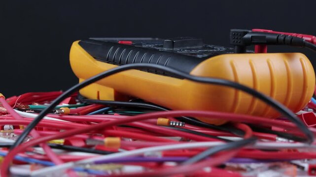 Multimeter for measuring the parameters of electrical circuits and mounting tools for assembling an electrical panel. On the electrical diagram. 