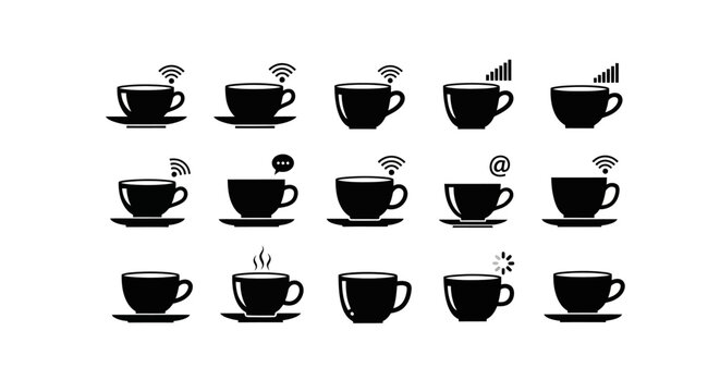 Coffee cups with wifi, hot steam, message, and signal icons, depicting connectivity and comfort in black and white vector