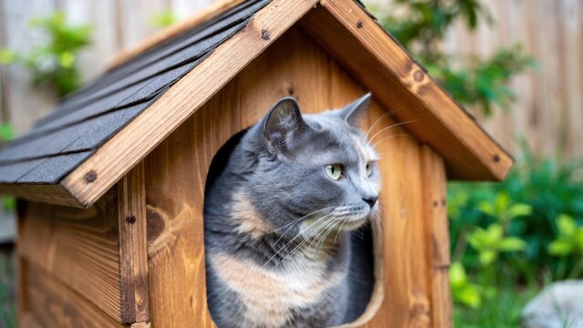 Gray cat sitting in wooden pet house outdoors backyard garden