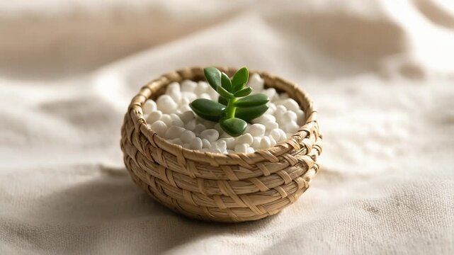 Small woven basket planter with green succulent placed on soft fabric creating calm lifestyle still life scene