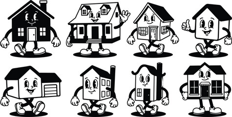 Fototapeta premium Eight black and white walking house mascots with smiling faces and varied roofs