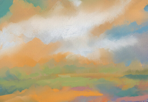 Impressionistic landscape cloudscape of Clouds in Sky Over Meadow or Valley w/Stream or Brook in Vibrant Orange, green, mauve & Blue- Digital Art, Painting w/Canvas & Paint Texture-Wallpaper, Backdrop