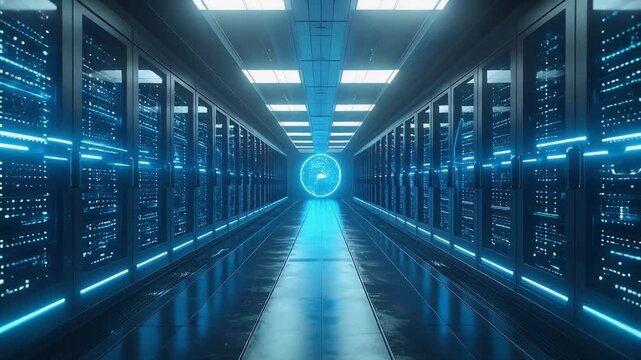 Futuristic AI data center corridor with glowing blue server racks and reflective floor