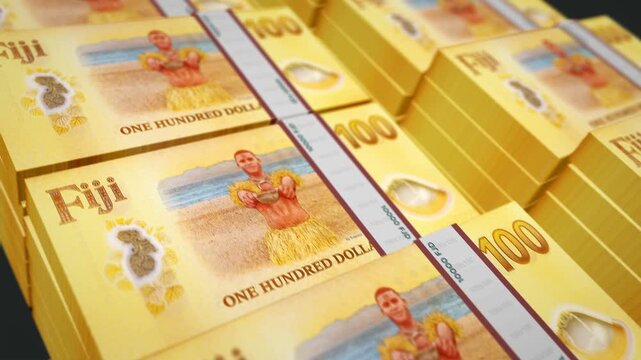 Fiji dollars Fijian money pack loop 3d animation. Loopable seamless concept of finance, cash, economy, business and bank. Camera moving over 100 FJD banknote bundle stacks.
