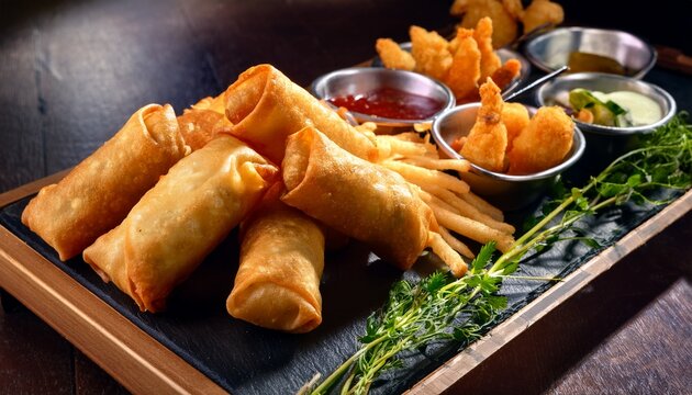 golden fried spring rolls and appetizers food buffet