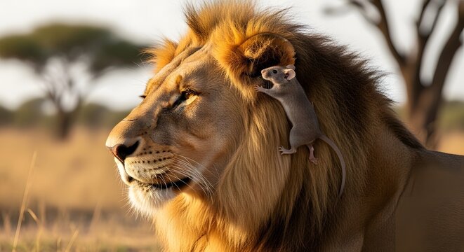 A majestic African lion and a tiny rodent share an extraordinary and heartwarming moment of unlikely companionship, a rare sight of peace in the sunlit savanna