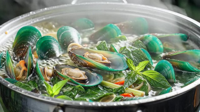 Steaming Green Mussels in a Pot with Herbs and Spices.