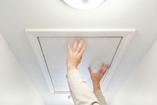 Hands pushing up a white wooden hatch door to open access to an attic