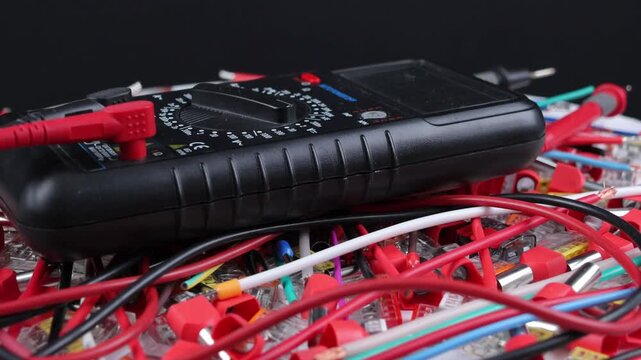 Multimeter for measuring the parameters of electrical circuits and mounting tools for assembling an electrical panel. On the electrical diagram. 
