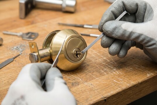 Locksmith in gloves picking a brass door lock cylinder on a wooden workbench