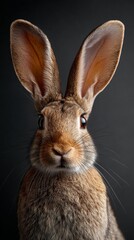 Fototapeta premium Close-up of a brown rabbit with large ears against a dark backdrop.
