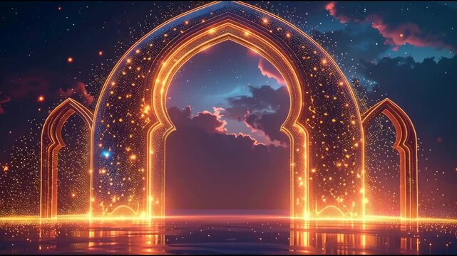 Glowing Islamic Archway at Night Sky.