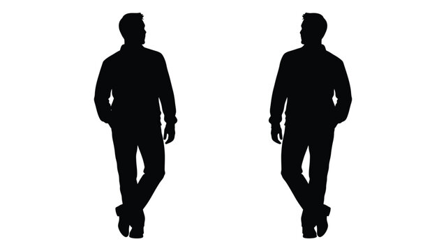 Silhouettes of two men standing facing forward depicted in a stark black and white style
