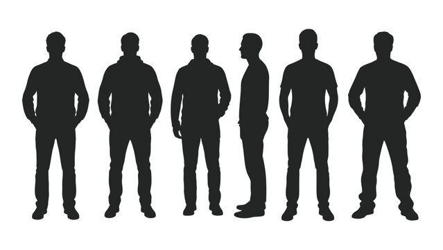Six male silhouettes stand in a row showcasing varying body types and postures