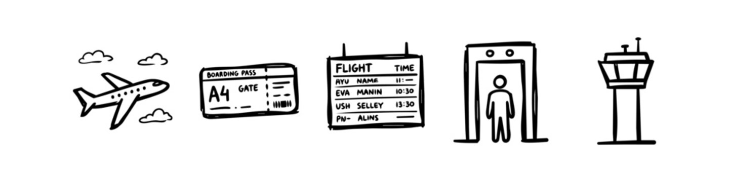 Set of hand-drawn airport and travel icons featuring an airplane, boarding pass, flight board, security scanner, and control tower. Minimalist black line art on a white background for design.