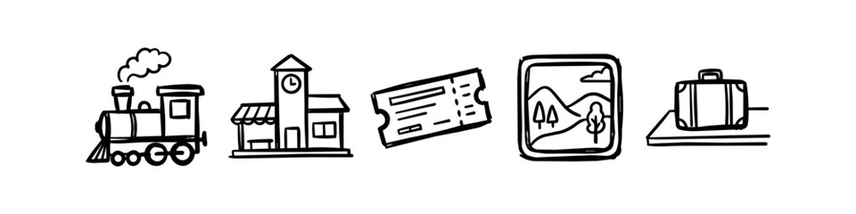 Hand-drawn doodle set of train travel icons including a locomotive, station, ticket, landscape view, and suitcase. Perfect for travel journals and journey themes. © Trends