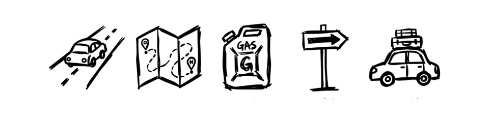 Minimalist hand-drawn road trip icons including a car, map with route, gas canister, directional sign, and luggage on a car. Black and white doodle style perfect for travel themes. © Trends
