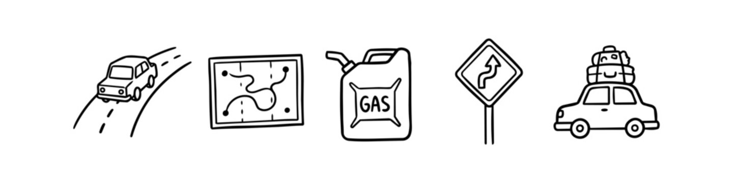 Road trip travel icons set in hand-drawn doodle style, featuring a car on the road, map, gas can, road sign, and car with luggage. Isolated on white background.