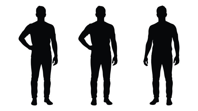 Three silhouetted men stand with hands on hips showcasing varying body types