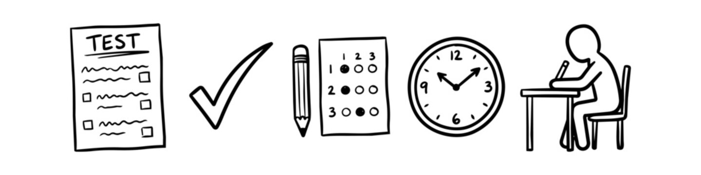 Set of hand-drawn icons representing the testing process, including a test paper, checkmark, pencil, bubble sheet, clock, and a student taking an exam. Minimalist black and white doodle style.
