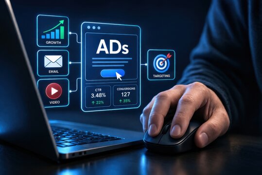 Digital Advertising Platform Interface with Campaign Metrics CTR Conversions Targeting and Multi Channel Integration