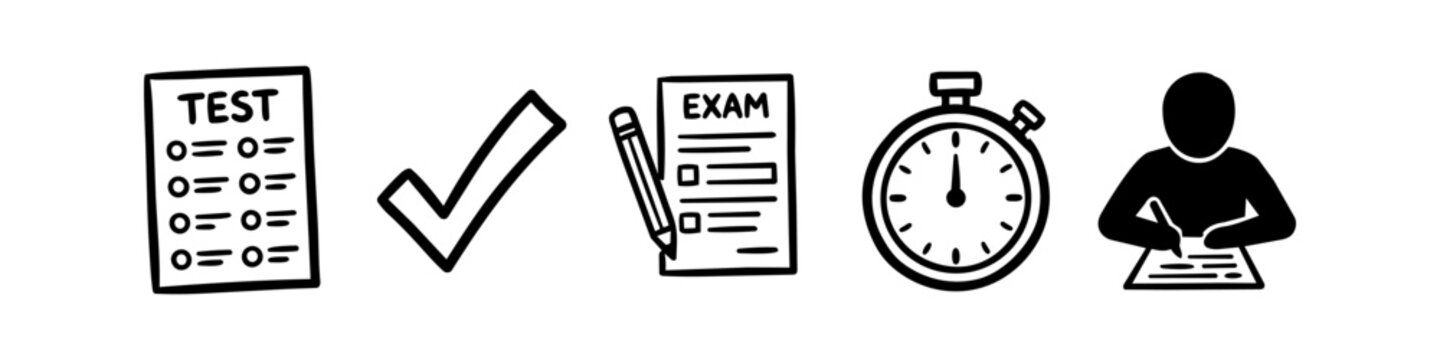 Set of hand-drawn icons for exams and testing, featuring test sheets, a checkmark, a pencil, a stopwatch timer, and a person writing. Minimalist black and white doodle style for education.