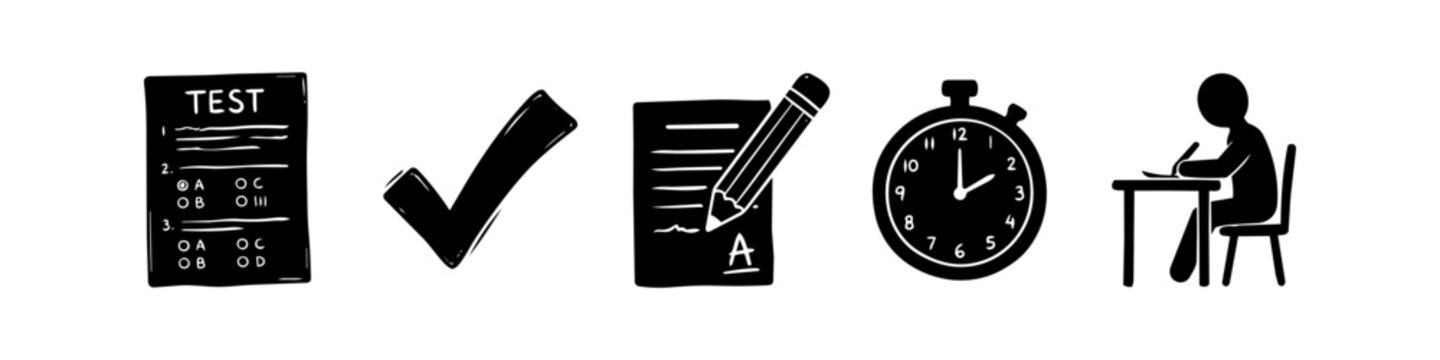 Black and white hand-drawn education icons for testing and exams, featuring a test sheet, checkmark, graded paper, stopwatch, and student at a desk. Ideal for school and academic themes.