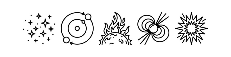 Fototapeta premium Space and Astronomy Line Icon Set featuring Starfield, Solar System Orbit, Burning Sun, Magnetic Field, and Supernova Explosion for Science and Physics Concepts.
