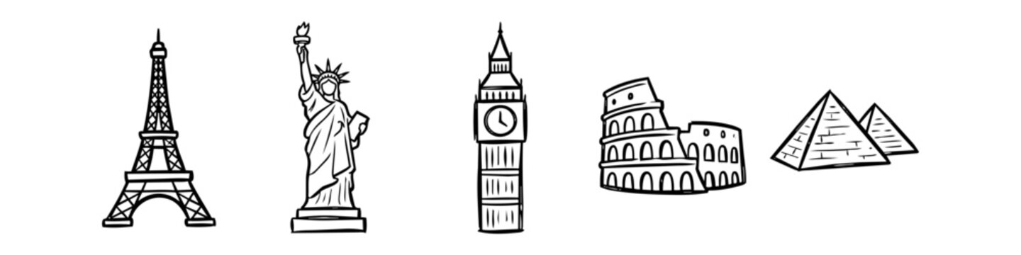 Hand-drawn collection of iconic world landmarks including Eiffel Tower, Statue of Liberty, Big Ben, Colosseum, and Pyramids. Simple black line art doodle icons for travel and tourism designs.