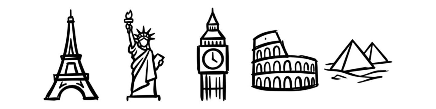 Set of hand-drawn sketches of world-famous landmarks including the Eiffel Tower, Statue of Liberty, Big Ben, Colosseum, and Pyramids. Minimalist travel and tourism icons on a white background.