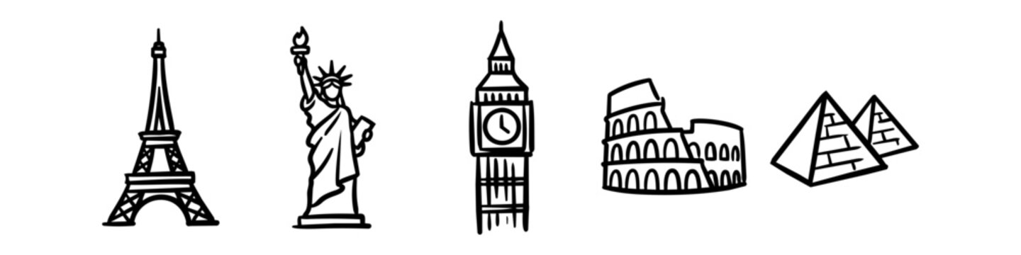 Hand-drawn doodle icons of famous world landmarks including the Eiffel Tower, Statue of Liberty, Big Ben, Colosseum, and Pyramids. Minimalist travel illustrations on a white background.