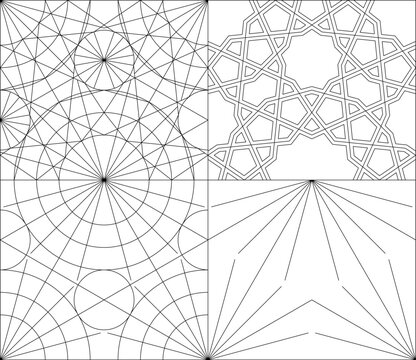Technical architectural drawing showing the geometric construction of an Islamic star pattern with underlying grid lines, arcs and the final interlacing strapwork design.