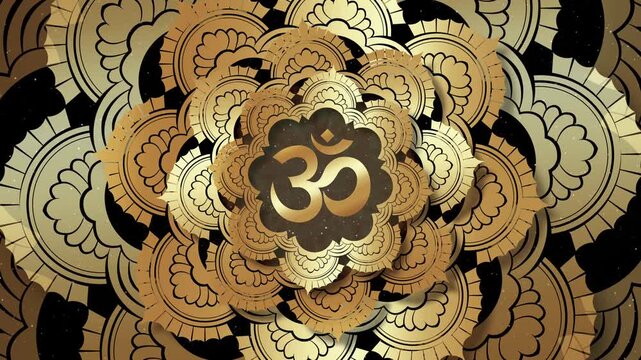 Animation of OM mantra mandala ancient Hindu symbol, gold Circular pattern flower rotating, Mehndi decoration, ornament in oriental style, Motion Graphics video looping, black background
