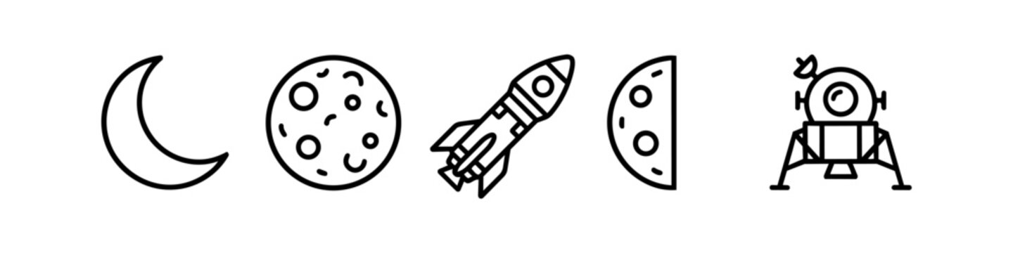 Set of Minimalist Space Exploration Line Icons Featuring Crescent Moon, Full Cratered Moon, Rocket Ship, Half Moon, and Lunar Module Lander on a White Background for Astronomy and Science