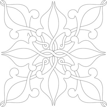 Technical decorative drawing showing a symmetrical ornamental pattern with stylized leaves, interlacing bands and small circular motifs for screen or panel design.