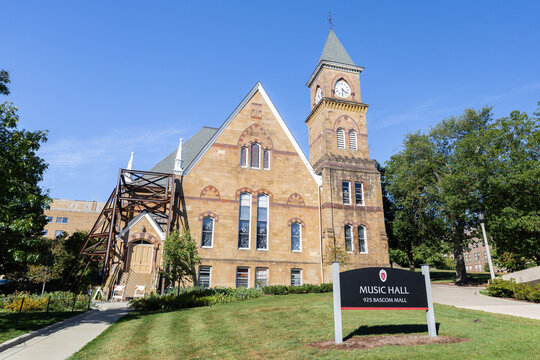 Madison, WI, USA - October 7, 2025: University of Wisconsin-Madison is a top ranked research university located in downtown Madison that was founded in 1848. Music Hall.
