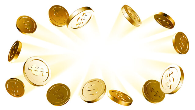 Gold coins splash. Falling golden coin rain and flying 3D dollar money, financial success border with shiny metallic currency, cash wealth flow, and profit growth. Realistic jackpot frame