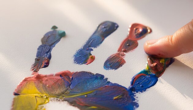 Child's Finger Creating Colorful Handprint Art on White Paper with Copy Space Left