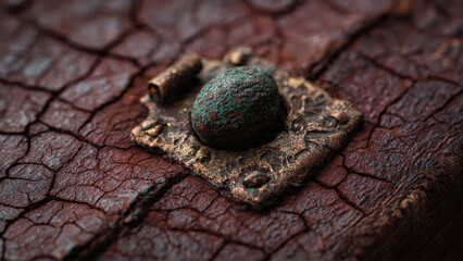 Obraz premium Ancient worn leather book cover with tarnished brass latch, time-worn patina macro.
