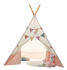 Stylish wigwam for child's room with toys and pillow isolated on white © New Africa