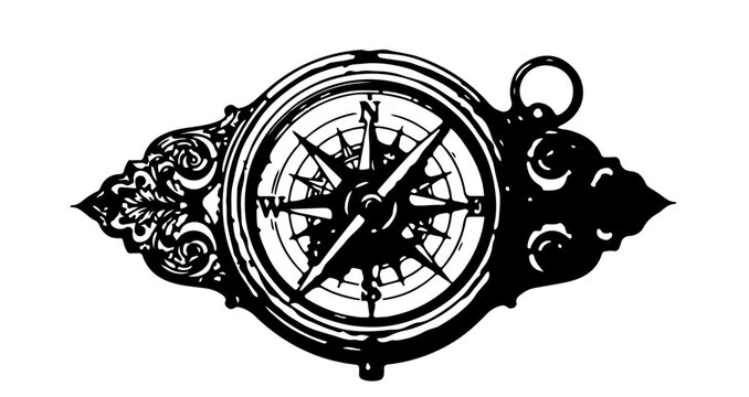 A black and white vector graphic of a vintage compass with ornate details