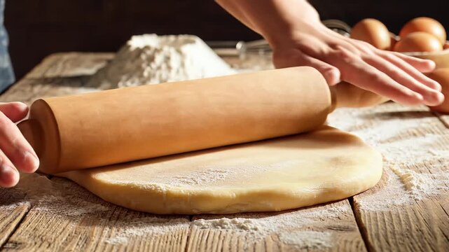 Baker rolling out dough with a wooden rolling pin on a rustic table.