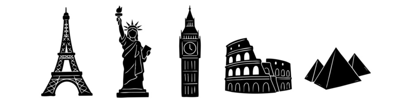 Set of black silhouette icons of world landmarks: Eiffel Tower, Statue of Liberty, Big Ben, Colosseum, and Egyptian Pyramids. Minimalist travel and tourism concept on a white background.