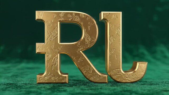Golden 3D Letters RL on Green Velvet Background.