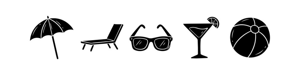 Set of minimalist black hand-drawn beach icons: umbrella, deck chair, sunglasses, cocktail, and beach ball. Clean vector silhouettes for summer vacation and travel design themes. © Trends