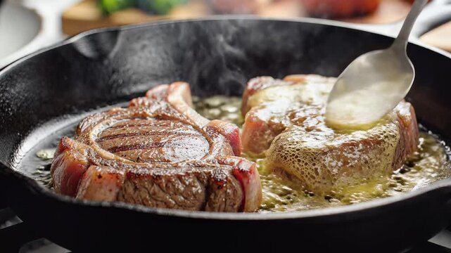Two juicy steaks searing in a hot cast iron skillet with butter basting.