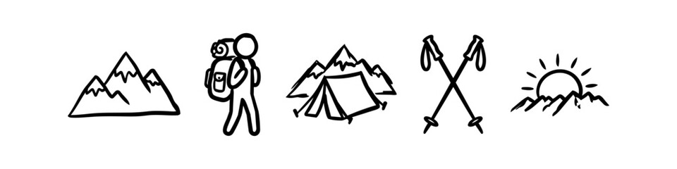 Hand-drawn hiking and camping icons featuring mountains, a backpacker, a tent, trekking poles, and a sunset. Minimalist black ink doodle style for outdoor adventure and travel themes. © Trends