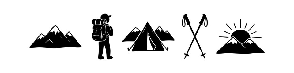 Set of minimalist black hiking and camping icons featuring mountains, a hiker with a backpack, a tent, trekking poles, and a sunrise. Perfect for outdoor adventure and travel design themes. © Trends